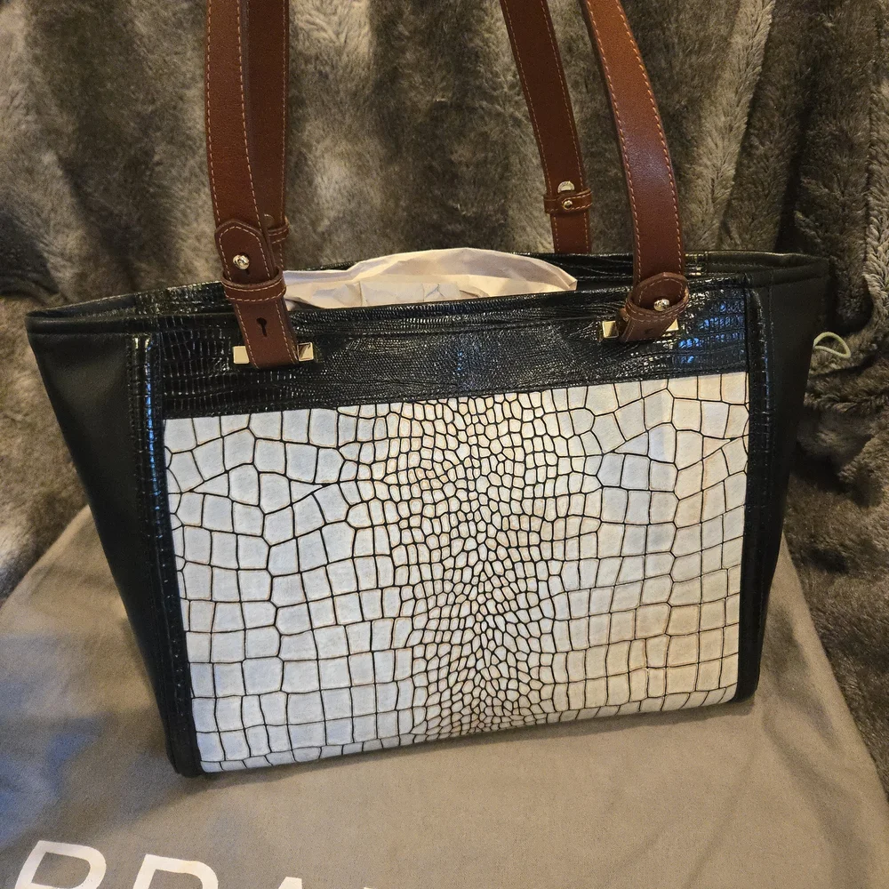 Brahmin Arno Black and Cream Croc-Embossed Leather Tote with Tan Handles - Picture 2 of 4